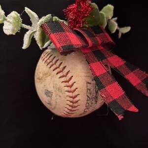 Red and Black Buffalo Check Fabric Christmas Authentic Baseball Ornaments